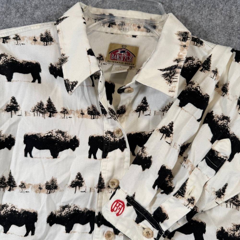 Vtg Barn Fly Shirt Mens Large Buffalo Western Cowboy Rodeo Cotton USA AOP 90s